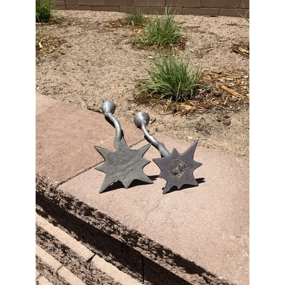 VTG Heavy Cast Metal Candlesticks India 17.5” & 12” Brutalist MCM Pair